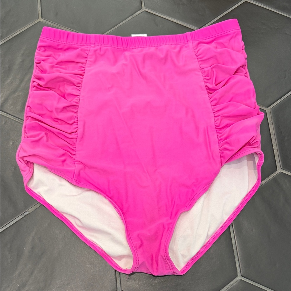 High-Waist Ruched Bikini Bottoms - Hot Pink